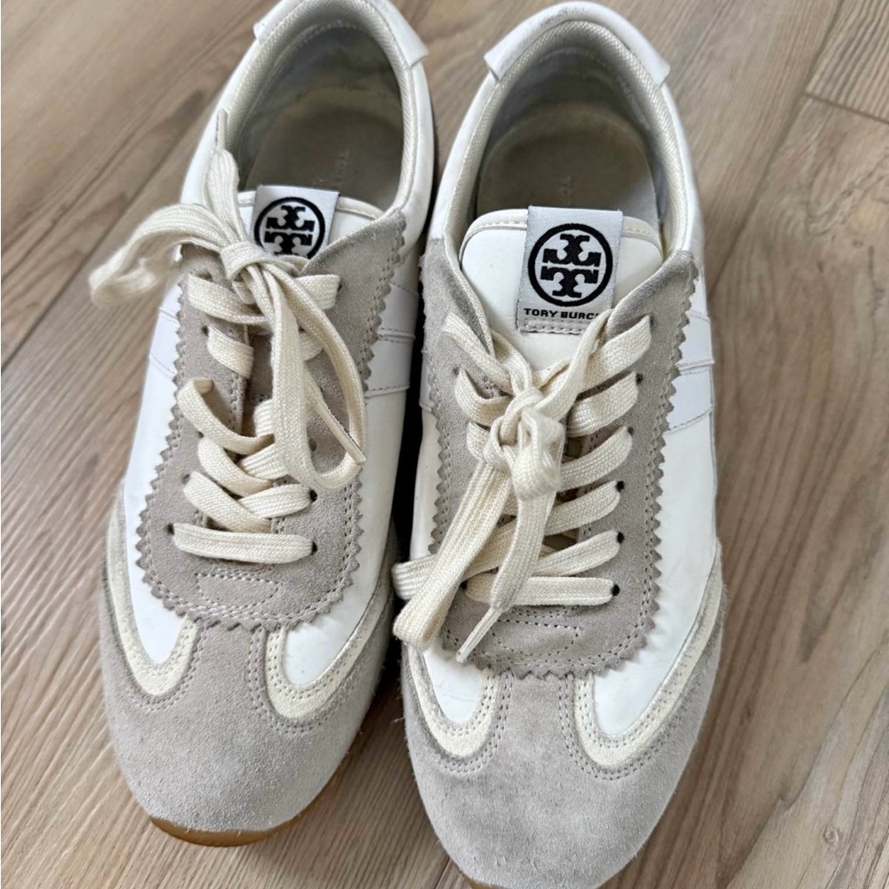 Tory Burch Cream and White Suede & Leather Sneakers